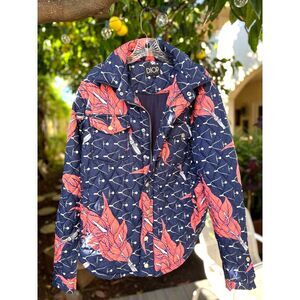 DIOP The Flower Boy Blue & Coral Floral Abstract Quilted Puffer Jacket Size S